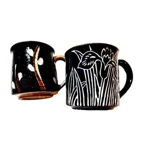 Vintage MCM Stoneware Coffee Mug Tea Cup Set 2  Navy Blue Carved Floral Pattern